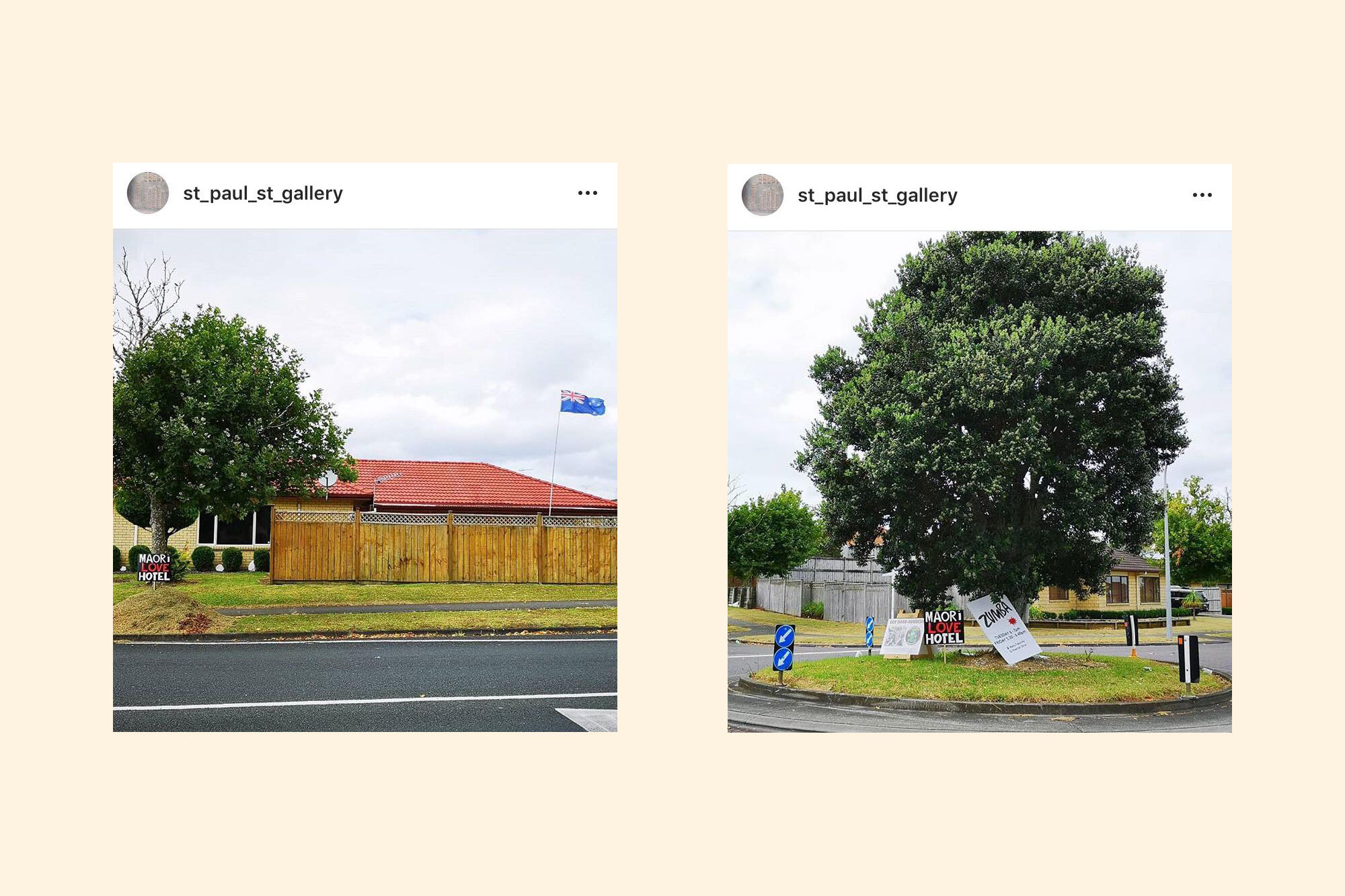 two images side by side, house, flag, tree, roadside, Maori Love Hotel